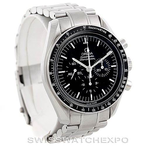 The image shows the Omega Speedmaster 3570.50.00 Men
s Stainless Steel Black Dial 3570.50.00 Men
s Stainless Steel Black Dial watch from a three-quarter angle, highlighting its face, bezel, and bracelet.