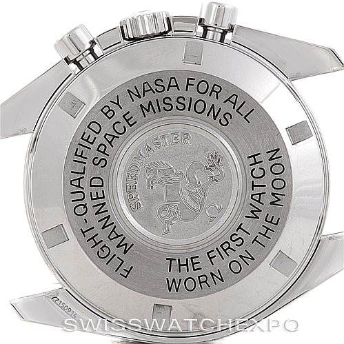 The image shows the case back of an Omega Speedmaster 3570.50.00 Men
s Stainless Steel Black Dial 3570.50.00 Men
s Stainless Steel Black Dial watch, highlighting its inscriptions and engravings.