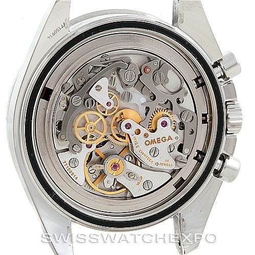 The image shows the back angle of an Omega Speedmaster 3570.50.00 Men
s Stainless Steel Black Dial 3570.50.00 Men
s Stainless Steel Black Dial watch, highlighting its intricate mechanical movement.