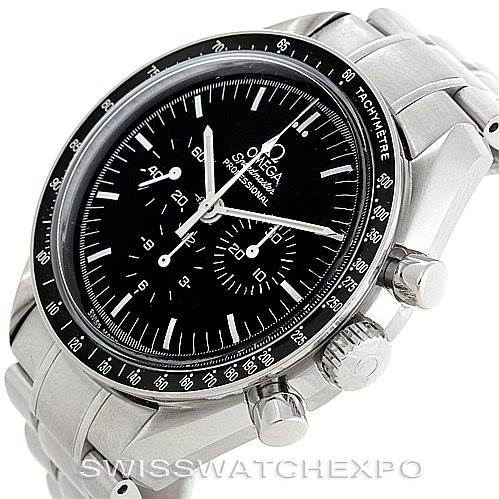 The image shows an angled view of the Omega Speedmaster 3570.50.00 Men
s Stainless Steel Black Dial 3570.50.00 Men
s Stainless Steel Black Dial watch focusing on the dial, bezel, pushers, and parts of the bracelet.