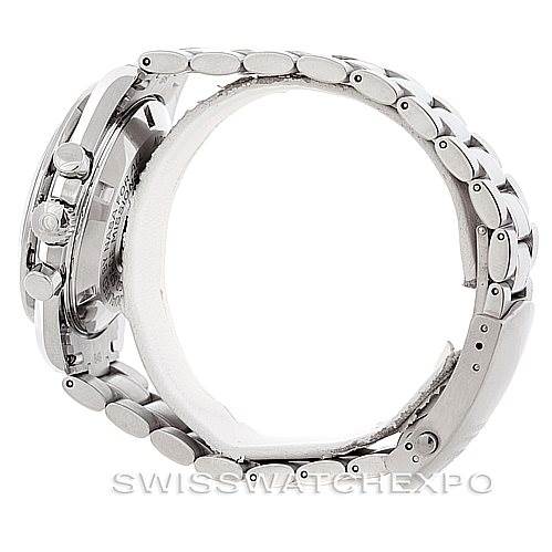 The image shows a side view of the Omega Speedmaster 3570.50.00 Men
s Stainless Steel Black Dial 3570.50.00 Men
s Stainless Steel Black Dial watch, focusing on the stainless steel bracelet and the side of the case.