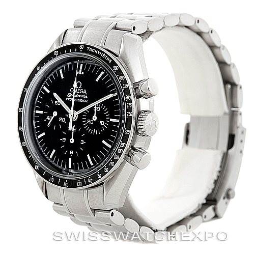 The image shows a side and front angle of the Omega Speedmaster 3570.50.00 Men
s Stainless Steel Black Dial 3570.50.00 Men
s Stainless Steel Black Dial watch, highlighting its dial, bezel, and metal bracelet.