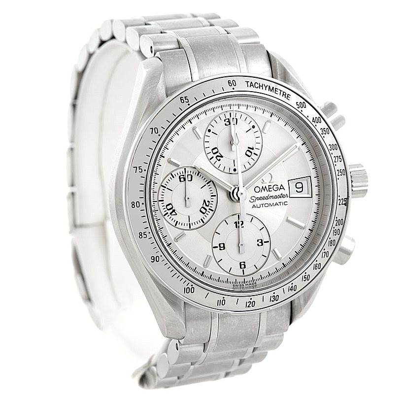 The image shows an Omega Speedmaster 3513.30.00 Men
s Stainless Steel Silver Dial 3513.30.00 Men
s Stainless Steel Silver Dial watch from a front angle, highlighting the dial, subdials, and metal bracelet.