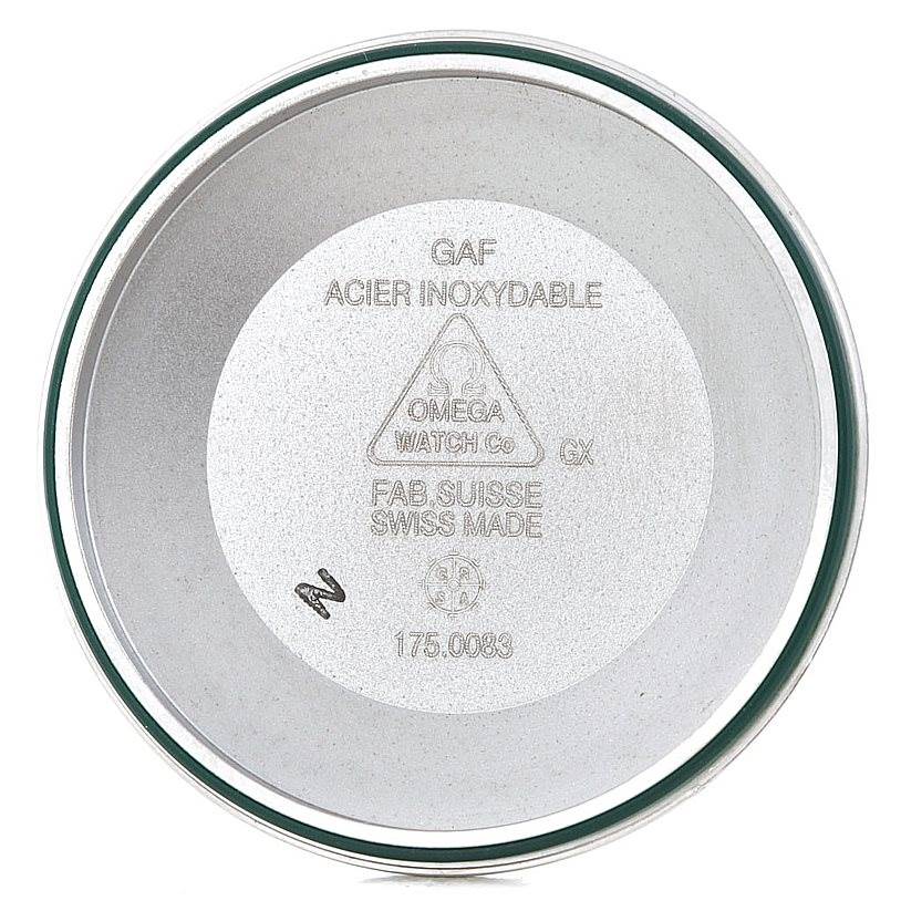 This image shows the inner case back of an Omega Speedmaster 3513.30.00 Men
s Stainless Steel Silver Dial 3513.30.00 Men
s Stainless Steel Silver Dial watch with model and material engravings.