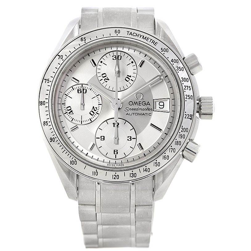 This image shows a frontal view of the Omega Speedmaster 3513.30.00 Men
s Stainless Steel Silver Dial 3513.30.00 Men
s Stainless Steel Silver Dial, highlighting the face, tachymeter bezel, and metal bracelet.