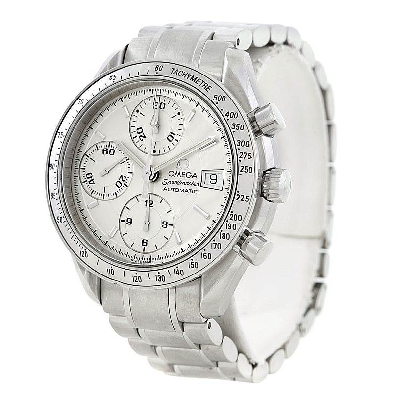 The Omega Speedmaster 3513.30.00 Men
s Stainless Steel Silver Dial 3513.30.00 Men
s Stainless Steel Silver Dial watch is shown from a front-side angle, highlighting its face, bezel, crown, and bracelet.