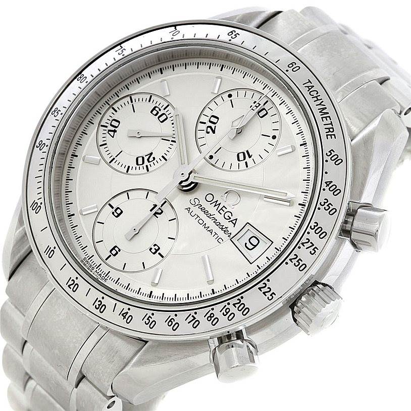 The image shows a close-up of the Omega Speedmaster 3513.30.00 Men
s Stainless Steel Silver Dial 3513.30.00 Men
s Stainless Steel Silver Dial watch
s face, bezel, and part of its metal bracelet, highlighting the chronograph subdials and date window.