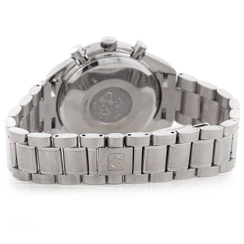 The image shows the back view of the Omega Speedmaster 3513.30.00 Men
s Stainless Steel Silver Dial 3513.30.00 Men
s Stainless Steel Silver Dial watch, focusing on the case back and metal bracelet.