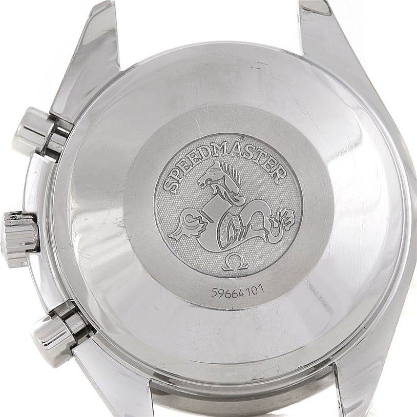 The image shows the back case of an Omega Speedmaster 3513.30.00 Men
s Stainless Steel Silver Dial 3513.30.00 Men
s Stainless Steel Silver Dial watch, highlighting the logo and serial number.