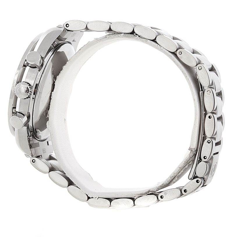 The image shows a side view of an Omega Speedmaster 3513.30.00 Men
s Stainless Steel Silver Dial 3513.30.00 Men
s Stainless Steel Silver Dial watch, highlighting the crown, pushers, and metal bracelet.