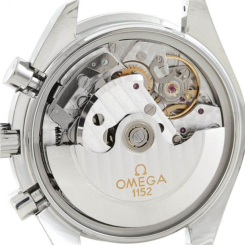 The image shows the back view of an Omega Speedmaster 3513.30.00 Men
s Stainless Steel Silver Dial 3513.30.00 Men
s Stainless Steel Silver Dial, highlighting its movement and mechanical components.