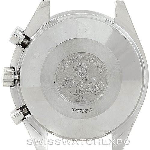 The image shows the back case of an Omega Speedmaster 3510.50.00 Men
s Stainless Steel Black Dial 3510.50.00 Men
s Stainless Steel Black Dial watch, featuring the emblem and serial number.