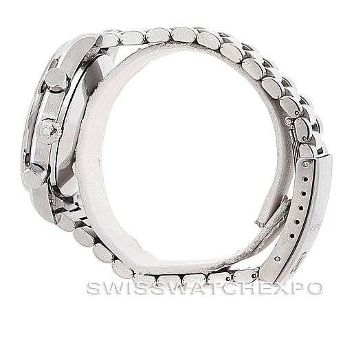 The image shows a side view of the Omega Speedmaster 3510.50.00 Men
s Stainless Steel Black Dial 3510.50.00 Men
s Stainless Steel Black Dial watch, focusing on its metal bracelet and clasp.