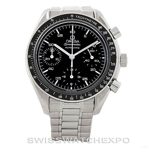 The image shows a front view of an Omega Speedmaster 3510.50.00 Men
s Stainless Steel Black Dial 3510.50.00 Men
s Stainless Steel Black Dial watch, highlighting its face, bezel, and bracelet.