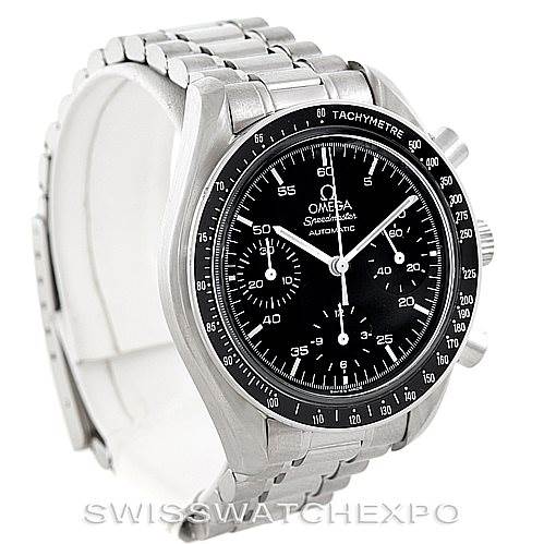 The image shows an angled view of the Omega Speedmaster 3510.50.00 Men
s Stainless Steel Black Dial 3510.50.00 Men
s Stainless Steel Black Dial, highlighting the face, bezel, and stainless steel bracelet.