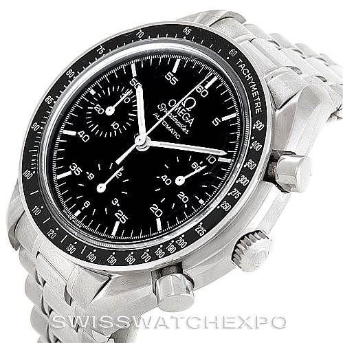The image shows an angled view of the face and side of the Omega Speedmaster 3510.50.00 Men
s Stainless Steel Black Dial 3510.50.00 Men
s Stainless Steel Black Dial watch, highlighting its dials, bezel, and bracelet.
