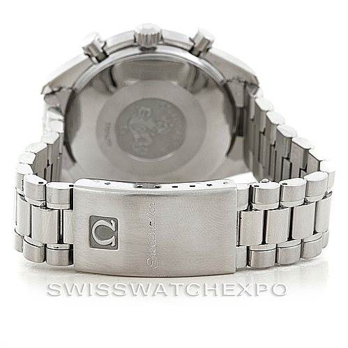 This image shows the Omega Speedmaster 3510.50.00 Men
s Stainless Steel Black Dial 3510.50.00 Men
s Stainless Steel Black Dial from the back, highlighting the caseback and stainless steel bracelet with clasp.