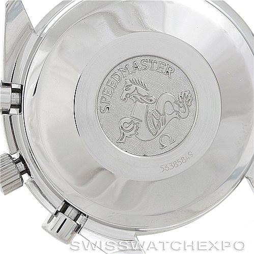 The image shows the back case and side buttons of an Omega Speedmaster 3523.80.00 Men's Stainless Steel Blue Dial 3523.80.00 Men's Stainless Steel Blue Dial watch.