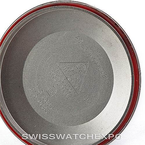 This image shows the inside case back of an Omega Speedmaster 3523.80.00 Men's Stainless Steel Blue Dial 3523.80.00 Men's Stainless Steel Blue Dial watch, displaying the brand's logo and specifications.