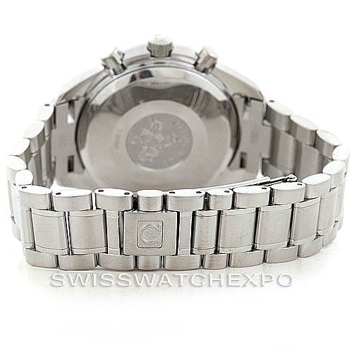 The image shows the back view of an Omega Speedmaster 3523.80.00 Men's Stainless Steel Blue Dial 3523.80.00 Men's Stainless Steel Blue Dial watch head and bracelet, showcasing the clasp and caseback.