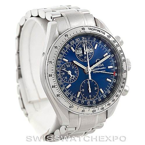 The image shows an Omega Speedmaster 3523.80.00 Men's Stainless Steel Blue Dial 3523.80.00 Men's Stainless Steel Blue Dial watch from a three-quarter angle, featuring a metal bracelet and a tachymeter bezel.
