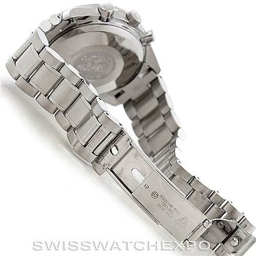 The image shows the back side and bracelet of an Omega Speedmaster 3523.80.00 Men's Stainless Steel Blue Dial 3523.80.00 Men's Stainless Steel Blue Dial watch with the clasp open.