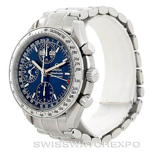 The image shows a side angle of the Omega Speedmaster 3523.80.00 Men's Stainless Steel Blue Dial 3523.80.00 Men's Stainless Steel Blue Dial watch, highlighting the dial, tachymeter bezel, crown, and bracelet.