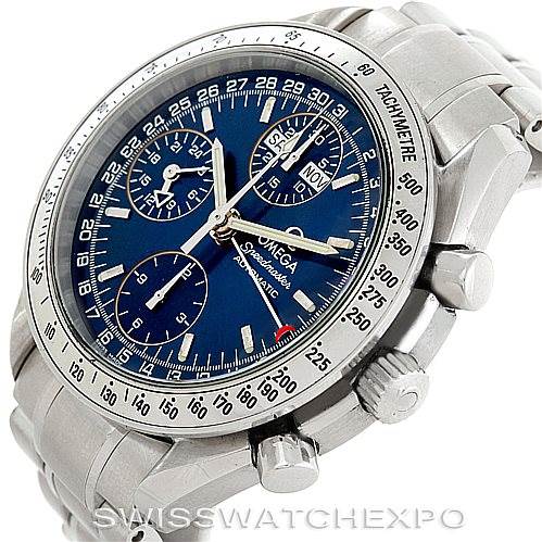 The image shows an Omega Speedmaster 3523.80.00 Men's Stainless Steel Blue Dial 3523.80.00 Men's Stainless Steel Blue Dial watch at an angled view, highlighting the dial, sub-dials, bezel, and pushers.
