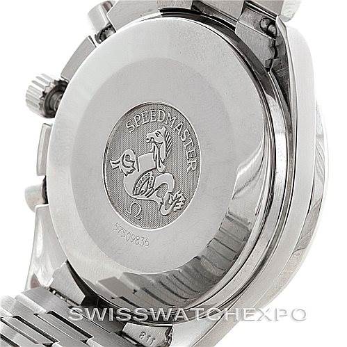 The image shows the back case of an Omega Speedmaster 3510.50.00 Men
s Stainless Steel Black Dial 3510.50.00 Men
s Stainless Steel Black Dial watch, displaying the engraved logo and serial number.