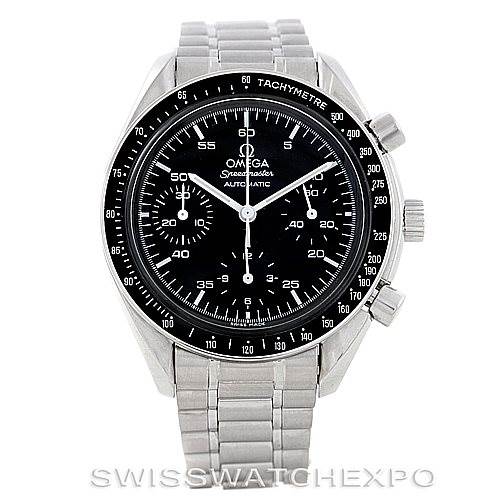 This image shows a front view of the Omega Speedmaster 3510.50.00 Men
s Stainless Steel Black Dial 3510.50.00 Men
s Stainless Steel Black Dial watch, displaying the face, bezel, and part of the bracelet.