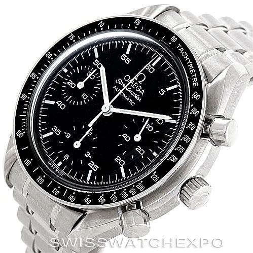 The image shows an Omega Speedmaster 3510.50.00 Men
s Stainless Steel Black Dial 3510.50.00 Men
s Stainless Steel Black Dial watch at an angled view, highlighting the dial, bezel, and crown with pushers.