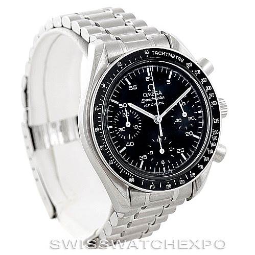 The image shows a silver Omega Speedmaster 3510.50.00 Men
s Stainless Steel Black Dial 3510.50.00 Men
s Stainless Steel Black Dial watch at a three-quarter view, highlighting the face and metal bracelet.