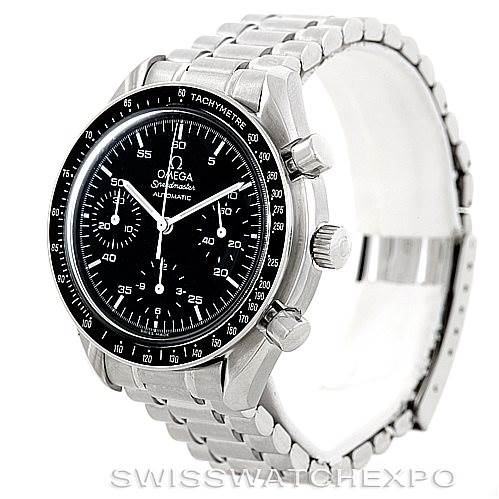 The Omega Speedmaster 3510.50.00 Men
s Stainless Steel Black Dial 3510.50.00 Men
s Stainless Steel Black Dial watch is shown from a front angle, displaying its black dial, chronograph subdials, bezel, and metal bracelet.