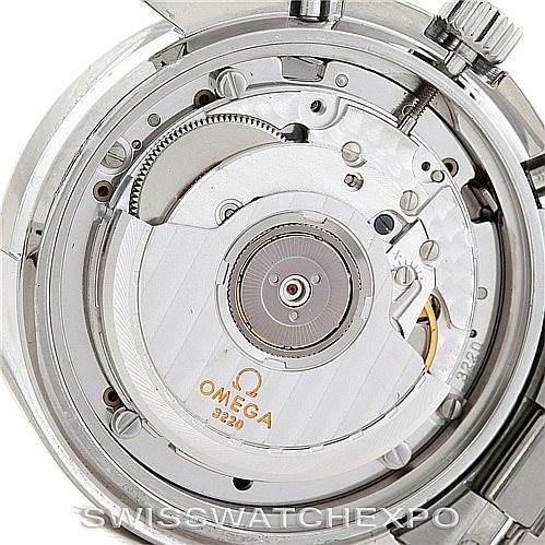 This image shows the inner mechanism of an Omega Speedmaster 3510.50.00 Men
s Stainless Steel Black Dial 3510.50.00 Men
s Stainless Steel Black Dial watch, specifically the movement and components from a back angle.