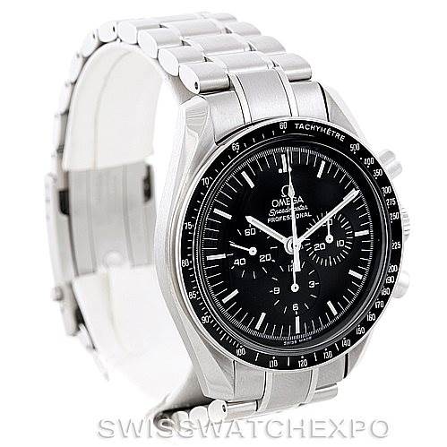 This image shows an Omega Speedmaster 3570.50.00 Men
s Stainless Steel Black Dial 3570.50.00 Men
s Stainless Steel Black Dial watch from a front-left angle, highlighting the dial, bezel, and stainless steel bracelet.
