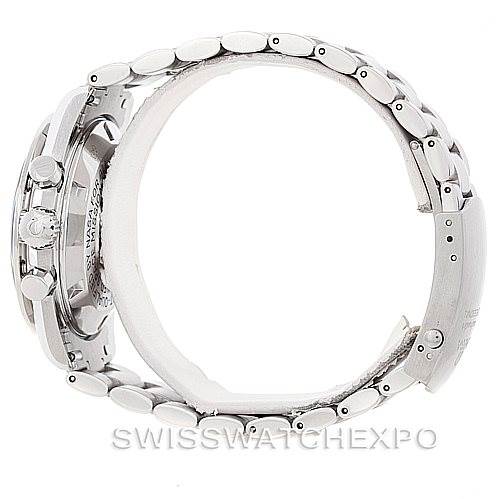 Side view of the Omega Speedmaster 3570.50.00 Men
s Stainless Steel Black Dial 3570.50.00 Men
s Stainless Steel Black Dial watch showcasing its bracelet and clasp.