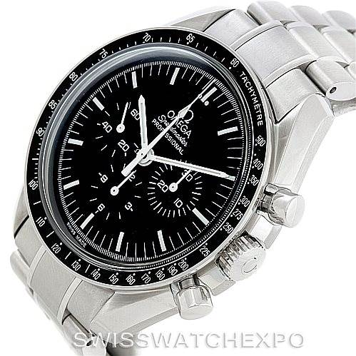 This image shows an Omega Speedmaster 3570.50.00 Men
s Stainless Steel Black Dial 3570.50.00 Men
s Stainless Steel Black Dial watch angled slightly from the front, displaying the dial, bezel, crown, and part of the bracelet.