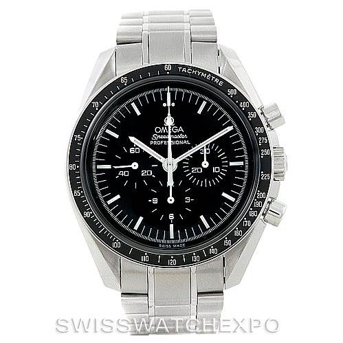 The image shows a front view of the Omega Speedmaster 3570.50.00 Men
s Stainless Steel Black Dial 3570.50.00 Men
s Stainless Steel Black Dial watch, highlighting its stainless steel bracelet, tachymeter bezel, and black dial.