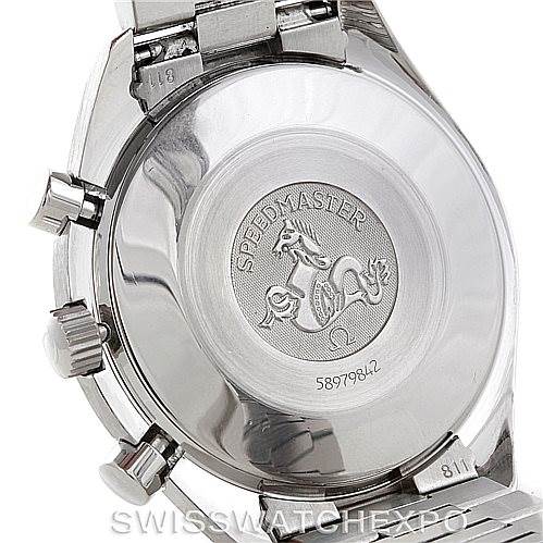 This image shows the case back and side buttons of an Omega Speedmaster 3510.50.00 Men
s Stainless Steel Black Dial 3510.50.00 Men
s Stainless Steel Black Dial watch.