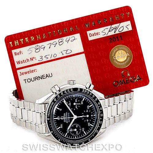 The image shows an Omega Speedmaster 3510.50.00 Men
s Stainless Steel Black Dial 3510.50.00 Men
s Stainless Steel Black Dial watch with a stainless steel bracelet, placed in front of its international warranty card.