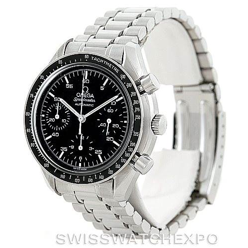 The image shows a frontal view of an Omega Speedmaster 3510.50.00 Men
s Stainless Steel Black Dial 3510.50.00 Men
s Stainless Steel Black Dial watch, highlighting its black dial, stainless steel case, and linked bracelet.
