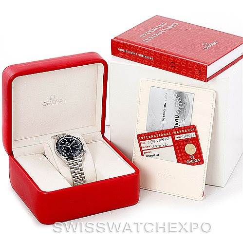 This image shows an Omega Speedmaster 3510.50.00 Men
s Stainless Steel Black Dial 3510.50.00 Men
s Stainless Steel Black Dial watch in its red box, along with its warranty card and user manual.