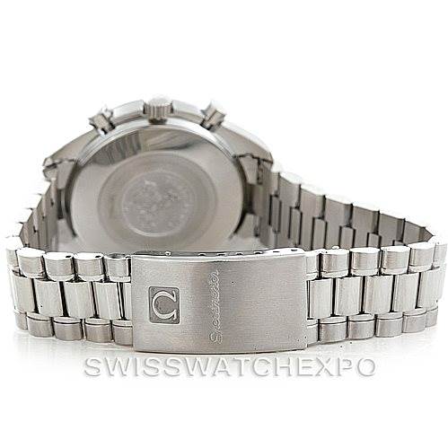 This image shows the back view of an Omega Speedmaster 3510.50.00 Men
s Stainless Steel Black Dial 3510.50.00 Men
s Stainless Steel Black Dial watch, highlighting the case back and bracelet clasp.