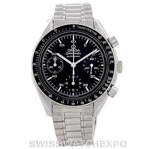 The image shows a front view of an Omega Speedmaster 3510.50.00 Men
s Stainless Steel Black Dial 3510.50.00 Men
s Stainless Steel Black Dial watch, displaying its face, bracelet, and tachymeter bezel.