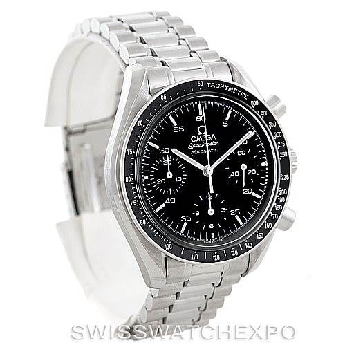 This image shows a three-quarter view of the Omega Speedmaster 3510.50.00 Men
s Stainless Steel Black Dial 3510.50.00 Men
s Stainless Steel Black Dial watch focusing on the dial, tachymeter bezel, and the stainless steel bracelet.