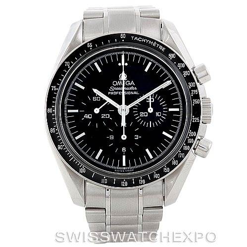 This image shows a front view of the Omega Speedmaster 3560.50.00 Men
s Stainless Steel Black Dial 3560.50.00 Men
s Stainless Steel Black Dial model, displaying the dial, bezel, chronograph subdials, and stainless steel bracelet.