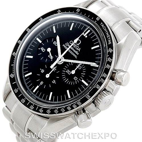 This image shows a close-up angled view of the Omega Speedmaster 3560.50.00 Men
s Stainless Steel Black Dial 3560.50.00 Men
s Stainless Steel Black Dial watch, highlighting the face, bezel, and side buttons.