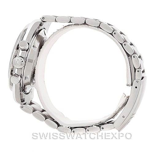 The image shows a side view of the Omega Speedmaster 3560.50.00 Men
s Stainless Steel Black Dial 3560.50.00 Men
s Stainless Steel Black Dial, highlighting the case, crown, pushers, and metal bracelet.