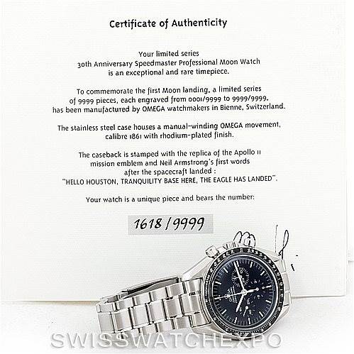 The Omega Speedmaster 3560.50.00 Men
s Stainless Steel Black Dial 3560.50.00 Men
s Stainless Steel Black Dial watch is displayed flat with its stainless steel bracelet and bezel visible, accompanied by its Certificate of Best Quality
ity.