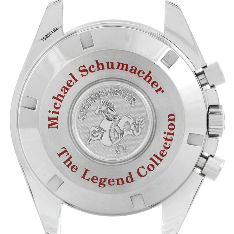 The image shows the back case of an Omega Speedmaster 3507.51.00 Men
s Stainless Steel Black Dial 3507.51.00 Men
s Stainless Steel Black Dial watch from "The Legend Collection," featuring an engraved design and text.